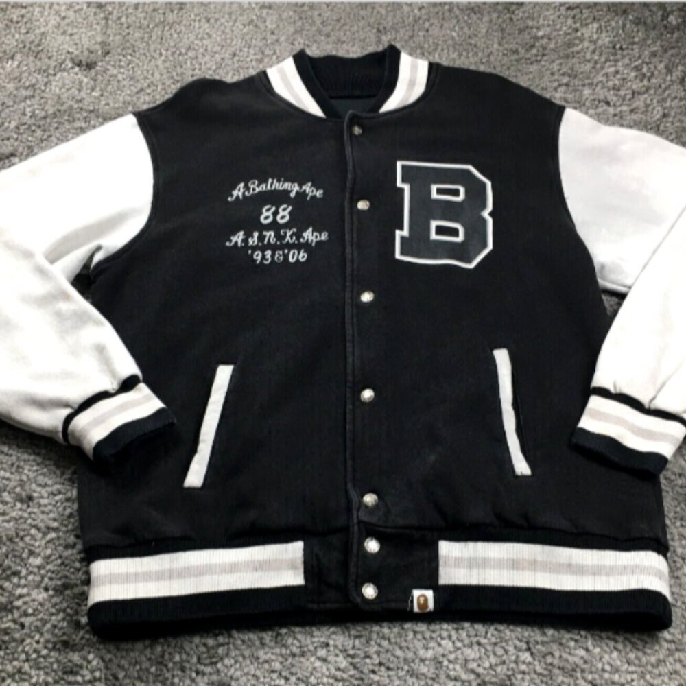 Bathing Ape Mens Varsity Jacket Sz XL Black Snaps Street Wear Nigo Long Sleeve